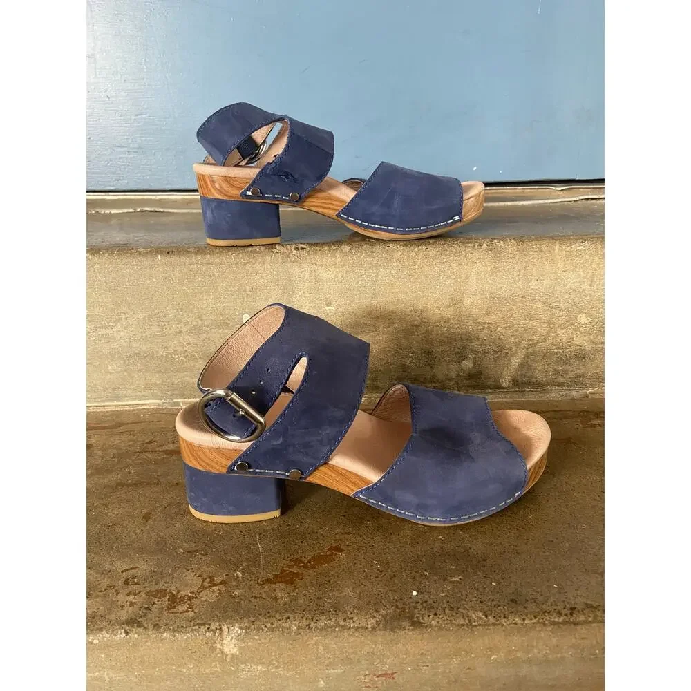 Dansko Minka navy blue nubuck leather ankle strap platform sandal w/ block heel